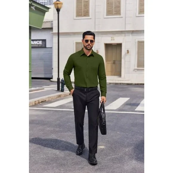 Coofandy Men Army GreenLong Sleeve Formal Fit Business Button Down Shirts